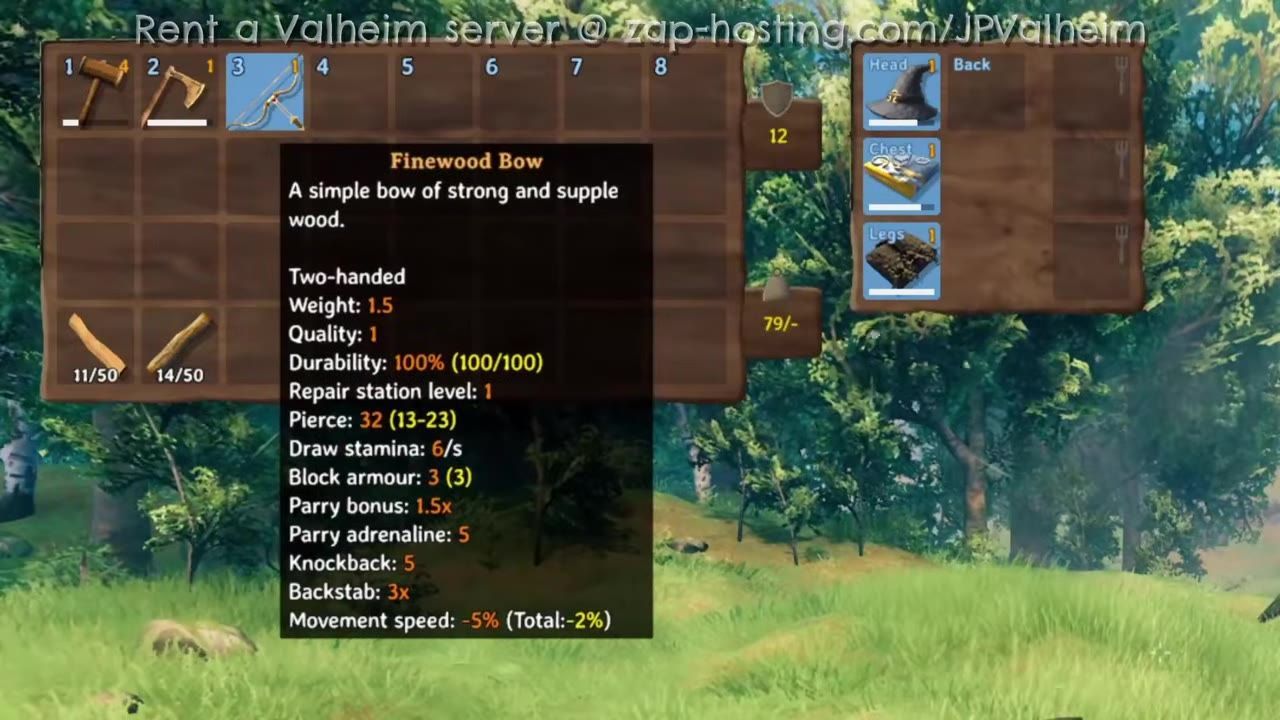 Game interface displaying inventory with the Finewood Bow and its stats highlighted.