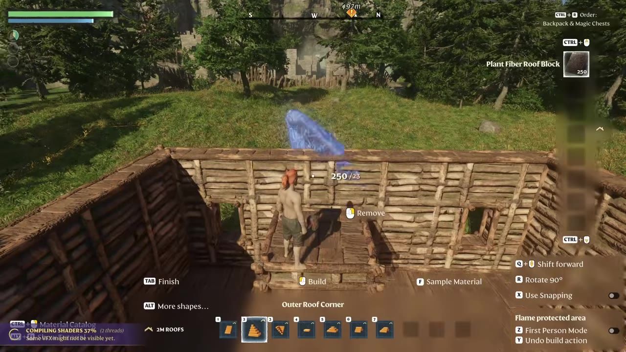 A third-person character is placing roof pieces in a building interface with the material catalog, build controls, and a selected roof block shown on the right.