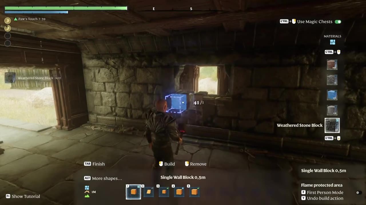 A game scene showing a player interacting with recessed windows built into double walls.