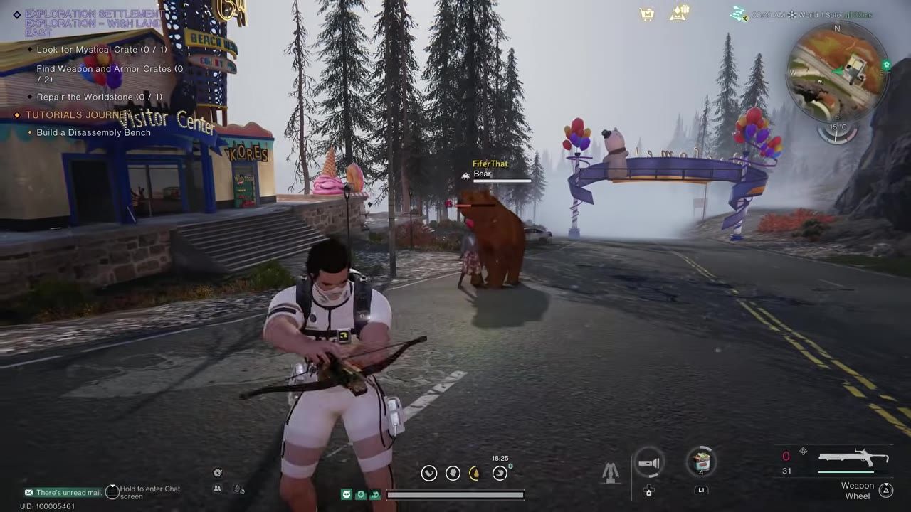 A third-person game scene shows a player character standing on a road near a building, with a large bear companion and floating balloons in the distance, while quest objectives and HUD elements overlay the screen.