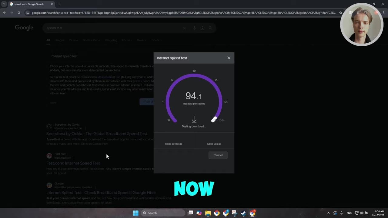 A speed test tool is displayed in a web browser showing a download speed of 94.1 Mbps.