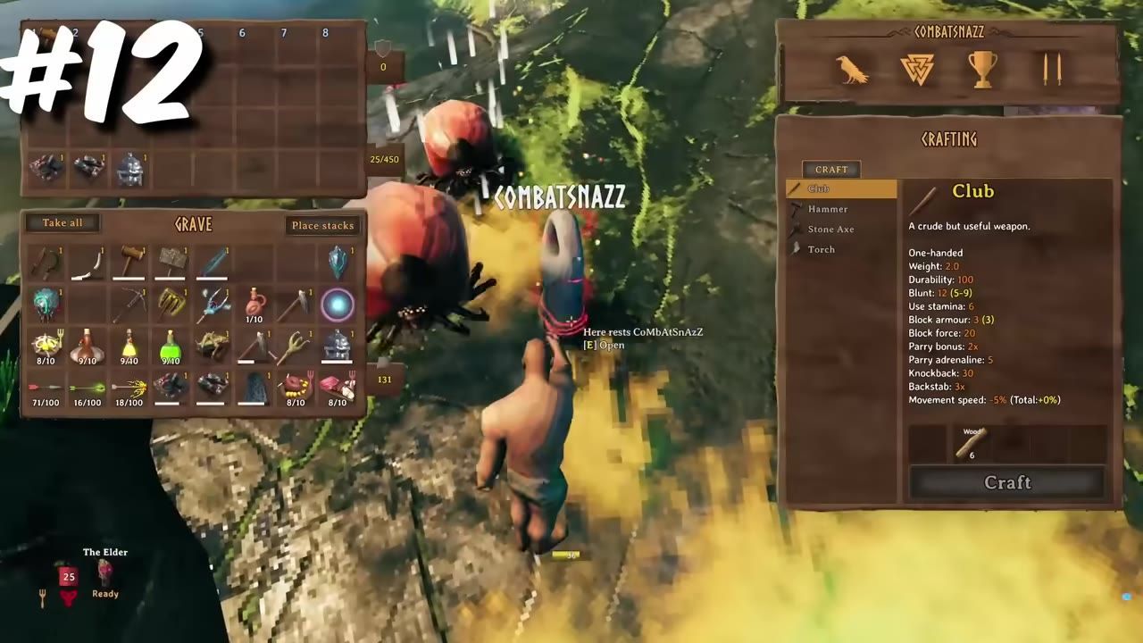 An inventory screen with numerous items in various slots, along with crafting details on the right.