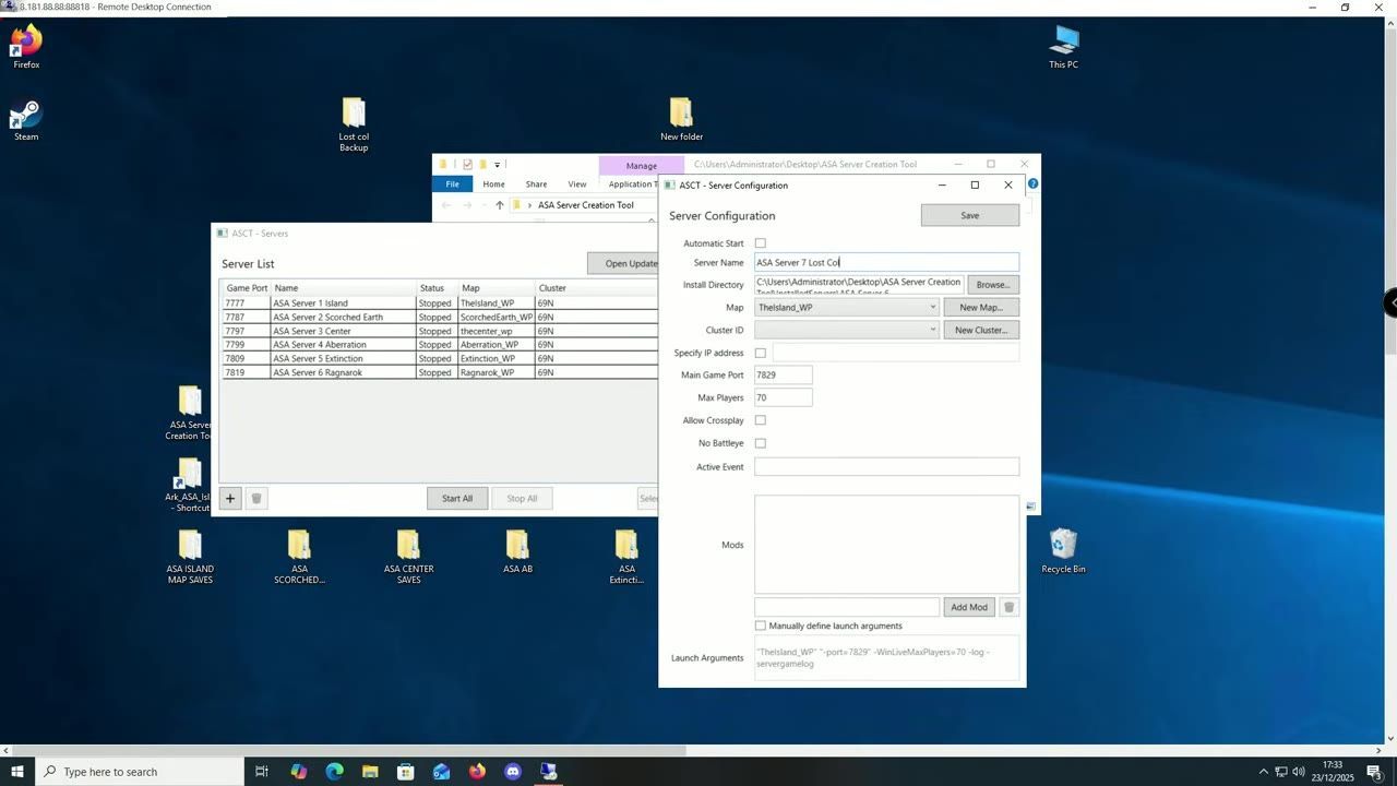 Server configuration window with options for server name, map selection, and other settings.
