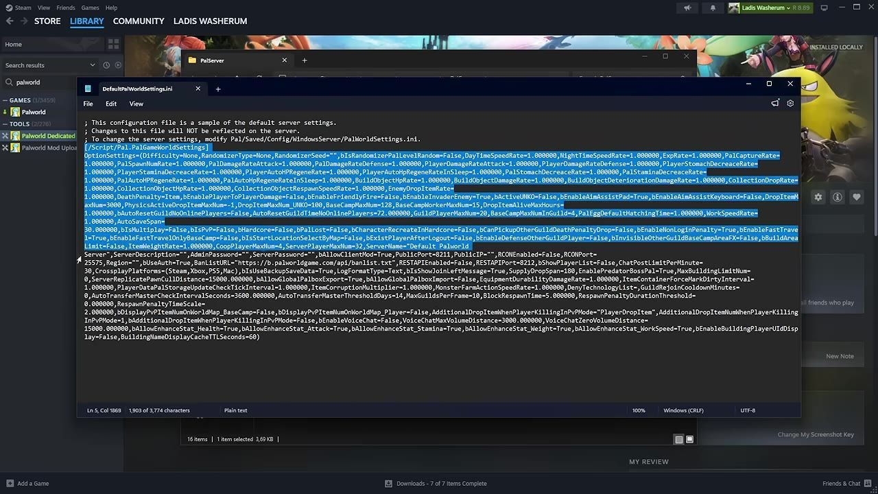 A settings.ini file displayed in a text editor, containing modifiable server settings.
