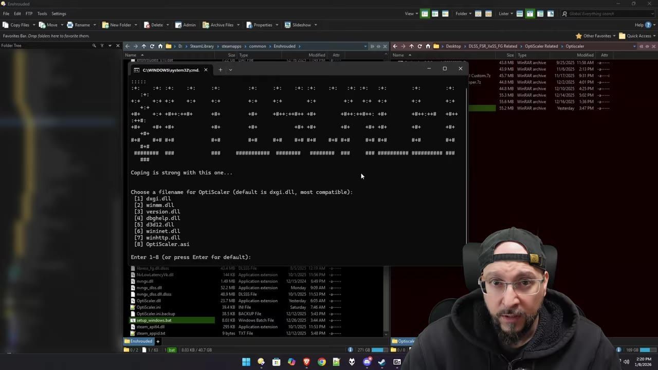 A command prompt window showing the wrapper selection screen for Optiscaler setup, with options for filenames.