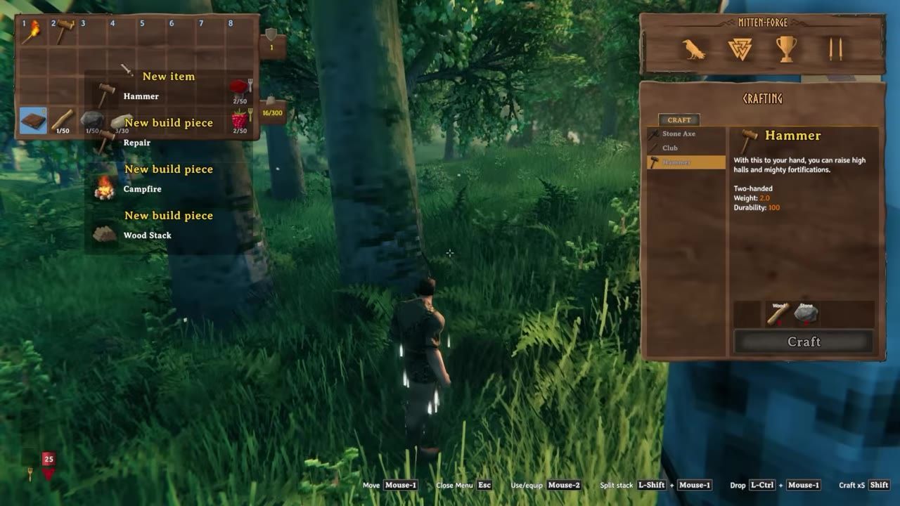 Crafting menu open with hammer selected and its details displayed.