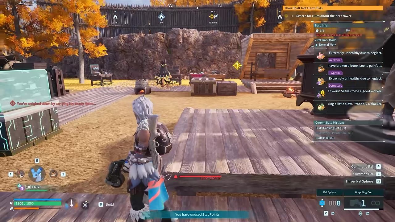 A Palworld base shows the player standing near wooden platforms and structures while the base info panel and current base missions are open on the right.