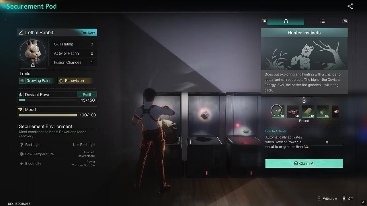 Game interface showing deviations and their attributes, along with found items and activation details.
