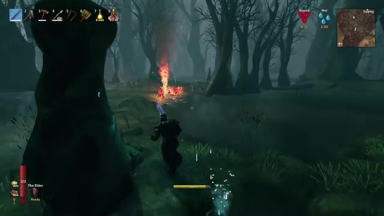 A swamp scene with Surtling flames in water and a player character approaching with a glowing weapon.