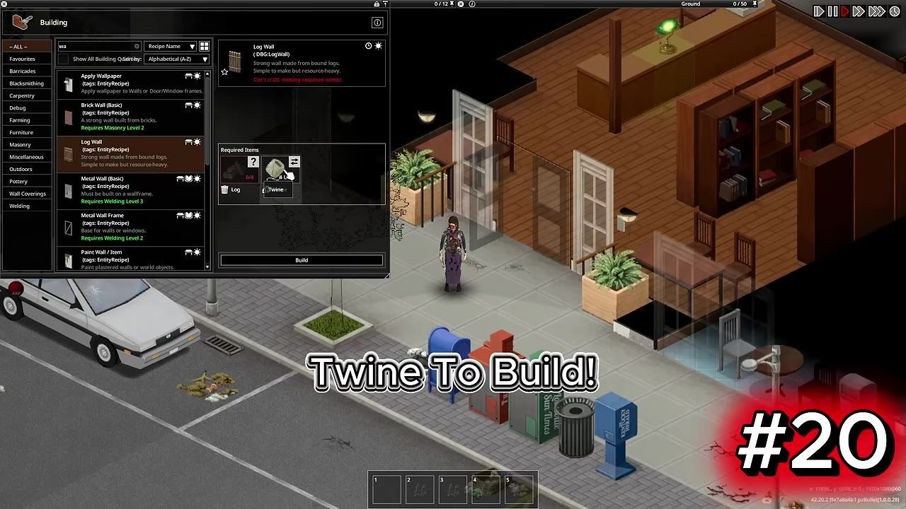 Crafting menu shown in a game interface, highlighting woodworking options including twine as a material.
