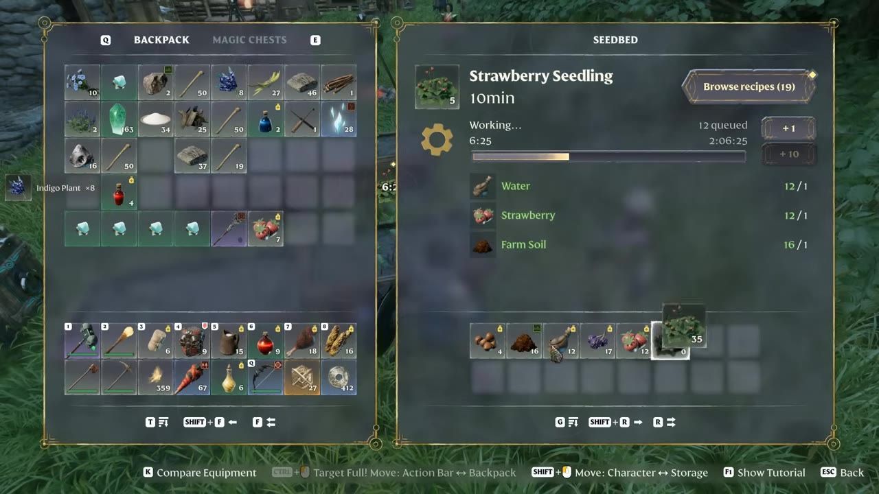 Game interface showing an inventory and the Seedbed panel for creating a strawberry seedling using resources.