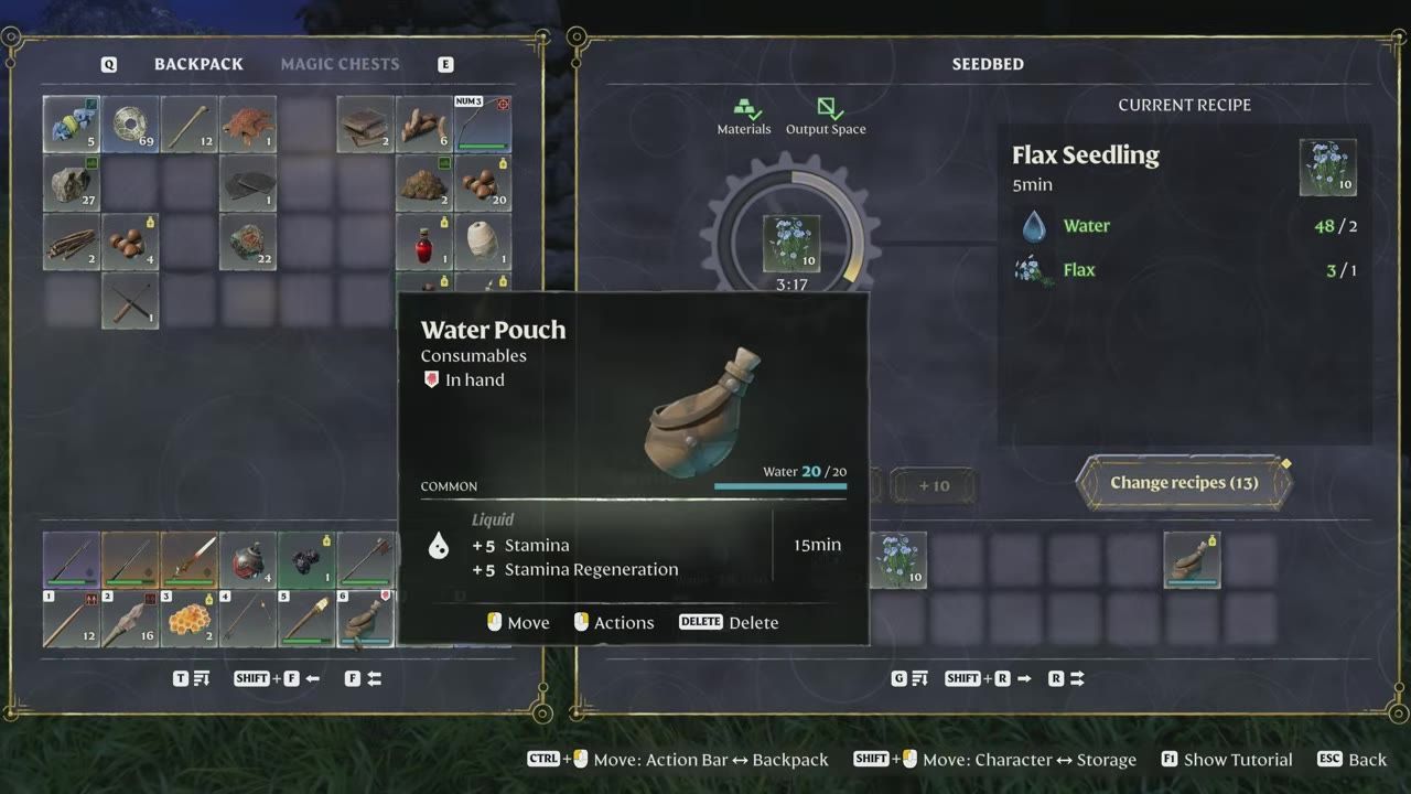 Game interface showing inventory on the left and the Seedbed tool interface on the right displaying a crafting recipe for flax seedling with water and flax listed as required materials.