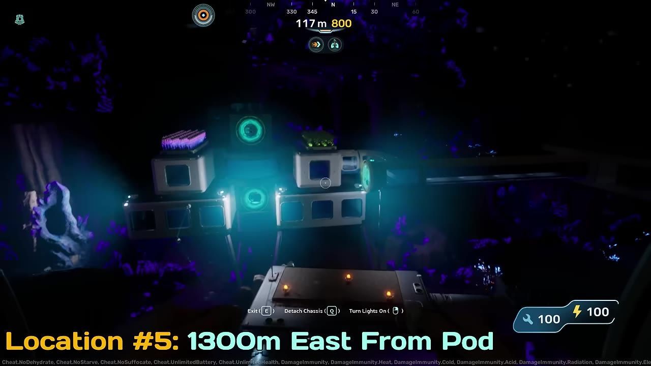 A structure with grow beds and resources in a dark biome, illuminated with neon lights.