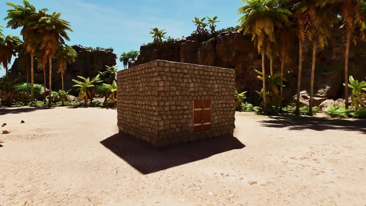 A stone base built in a tropical environment with plants and cliffs surrounding.