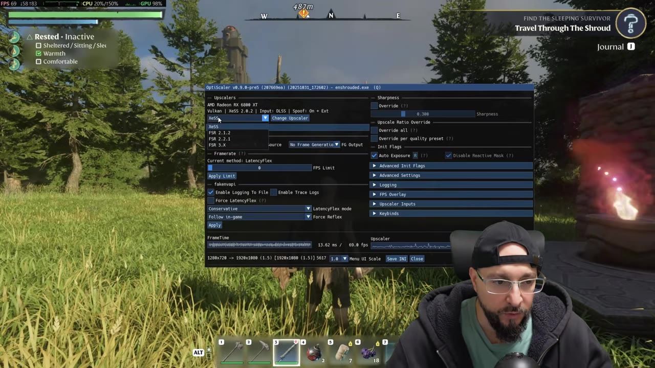 An Enshrouded gameplay scene is shown with an OptiScaler configuration window open in the center, including upscaler and frame generation options.