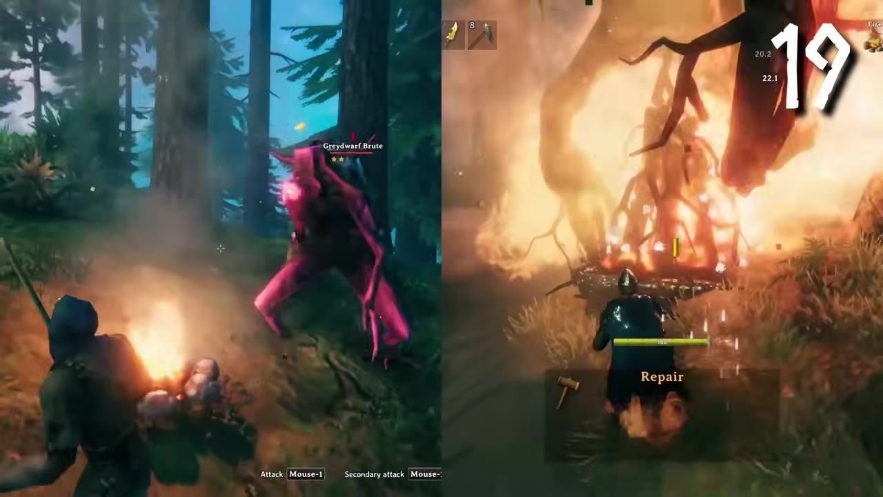 Two scenes from Valheim: one showing a character near a campfire fighting a Greydwarf Brute, and the other shows a character repairing a burning structure.