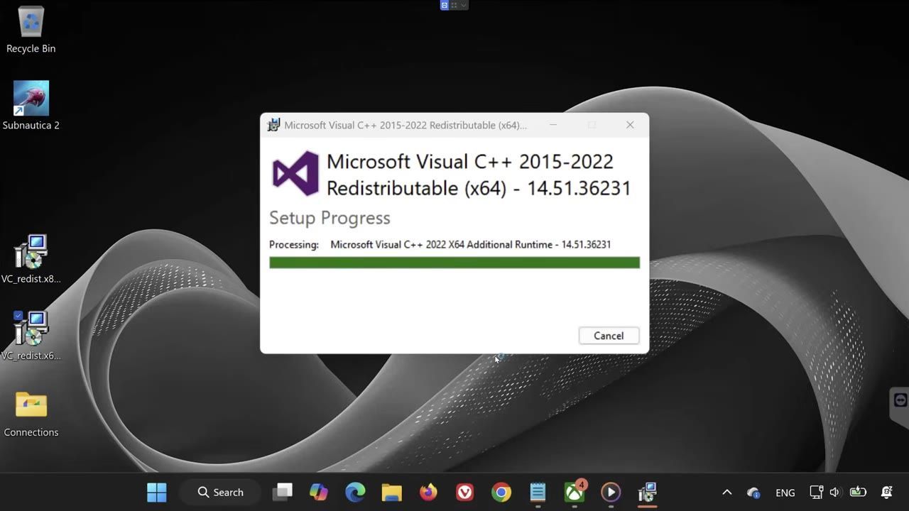 Window showing installation progress of Microsoft Visual C++ Redistributables on a desktop.