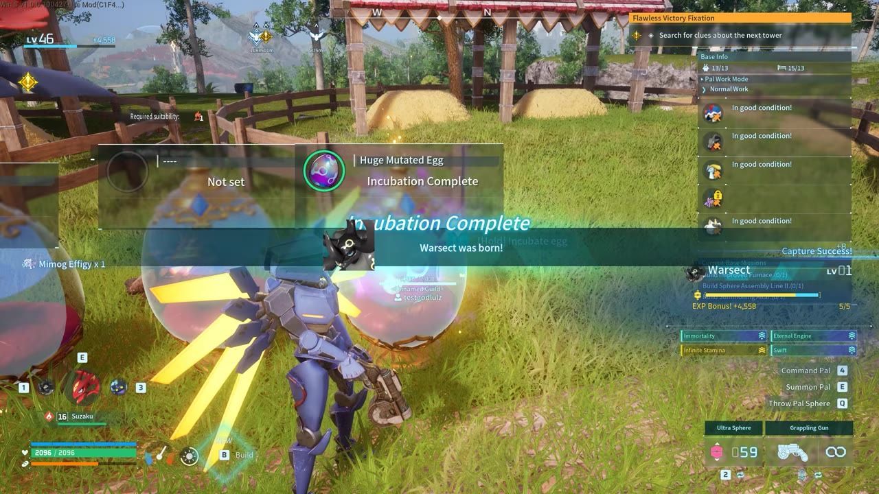 A screen showing incubation completion for a pal named Warsect, alongside other gameplay UI elements.