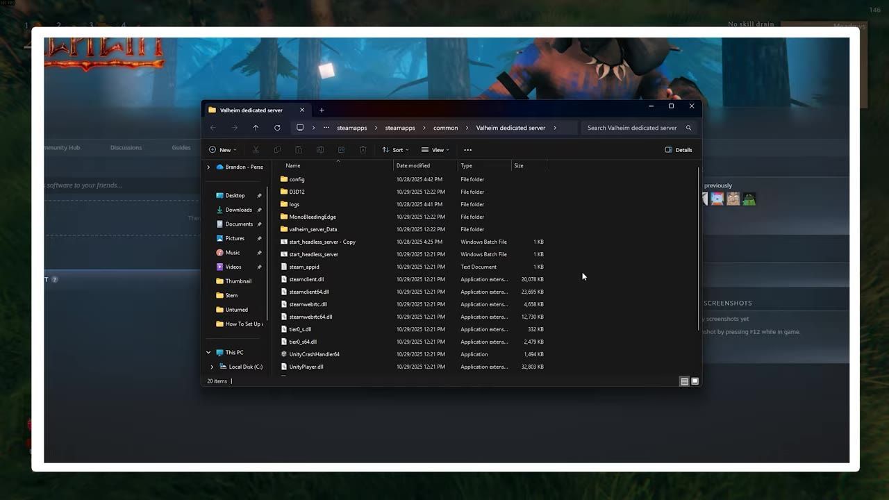 Folder view showing the contents of the Valheim dedicated server folder.