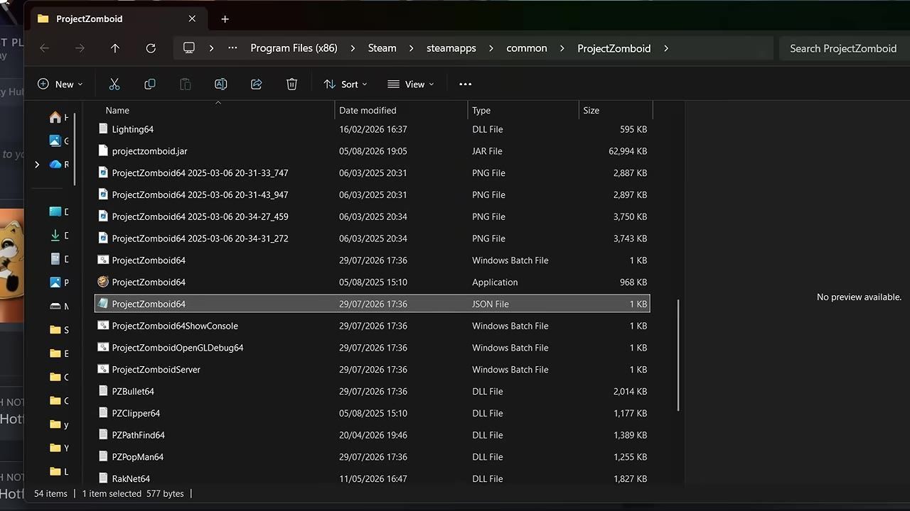 Project Zomboid installation folder showing several files, with ProjectZomboid64.json highlighted.