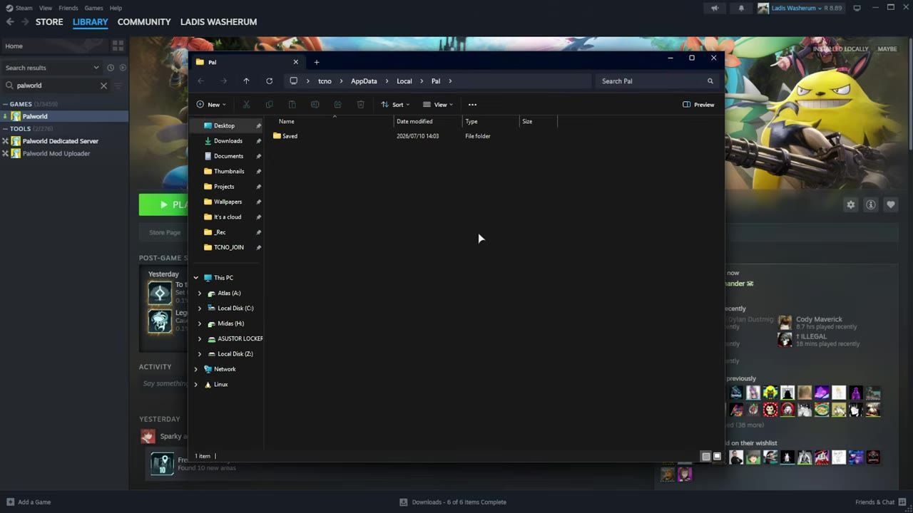 A File Explorer window showing the directory AppData\Local\Pal with a folder named 'Saved'.