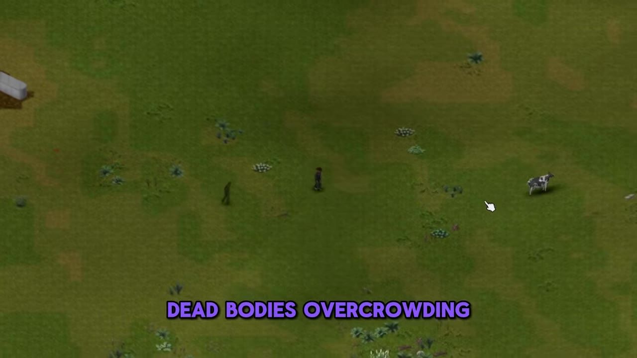In-game environment showing livestock and text displaying stress factors 'dead bodies' and 'overcrowding'.