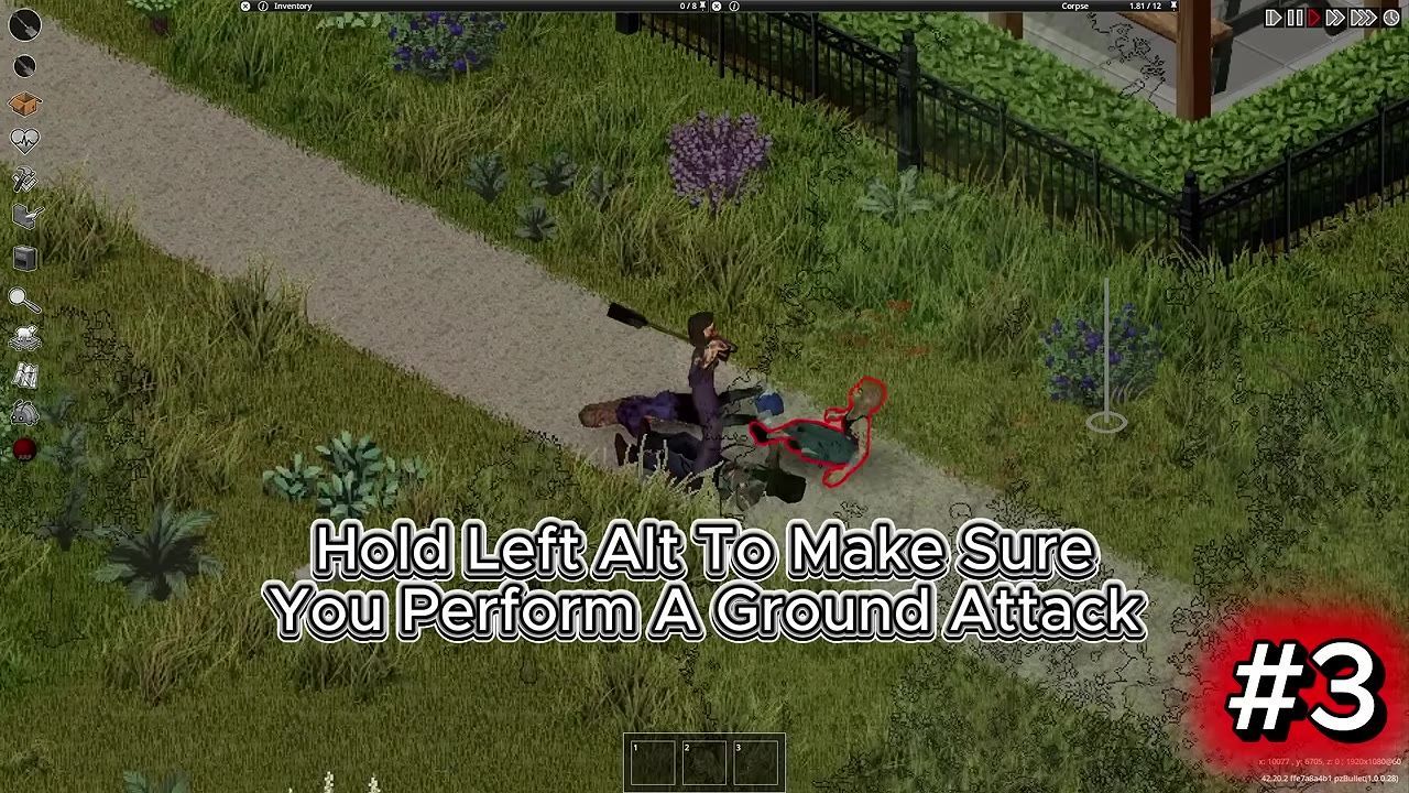 Character using a melee weapon to attack a zombie on the ground in an outdoor environment.