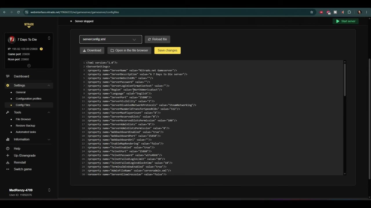 A server configuration file is displayed in a web interface, showing various settings like ServerName, ServerPort, and visibility.
