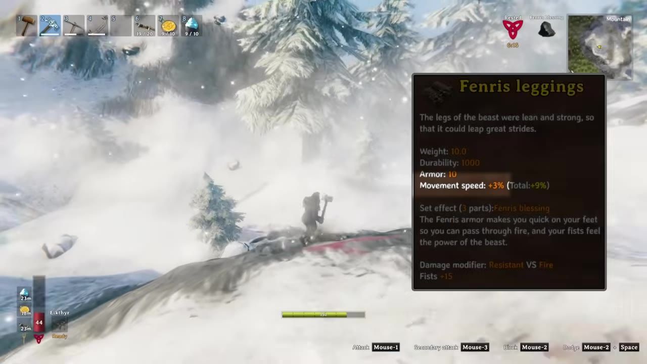 A display showing detailed stats of Fenris leggings in a snowy biome.