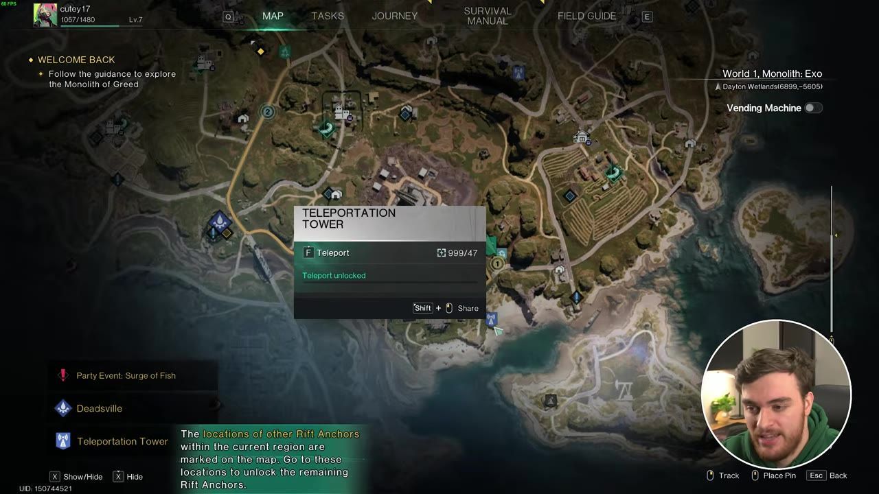Game interface showing the map with a teleport tower highlighted and detailed.