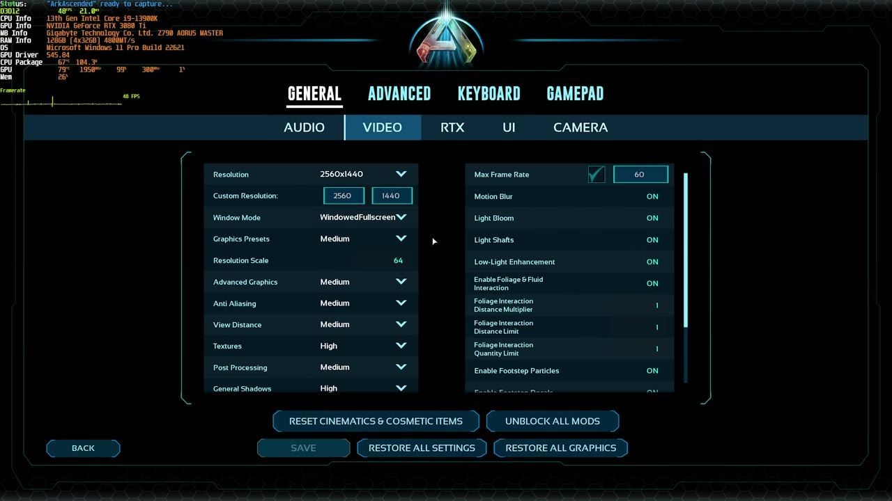 The video settings panel of a game showing resolution and graphical options.
