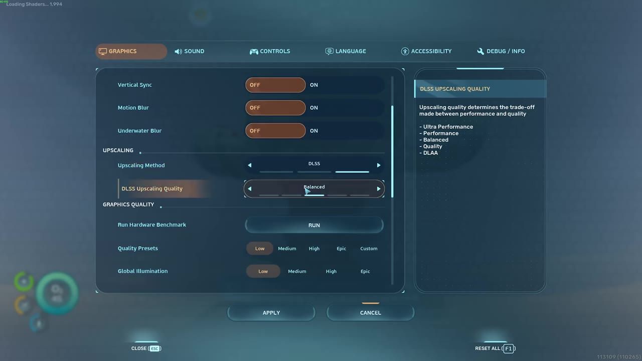 Graphics settings showing options for Vertical Sync, Motion Blur, DLSS Upscaling Method, and Graphics Quality.