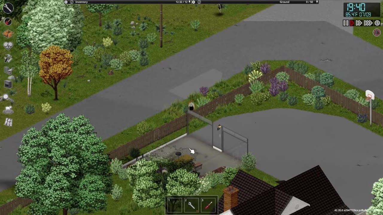A view of a fenced perimeter enclosing a yard with trees, a basketball hoop, and paved areas.