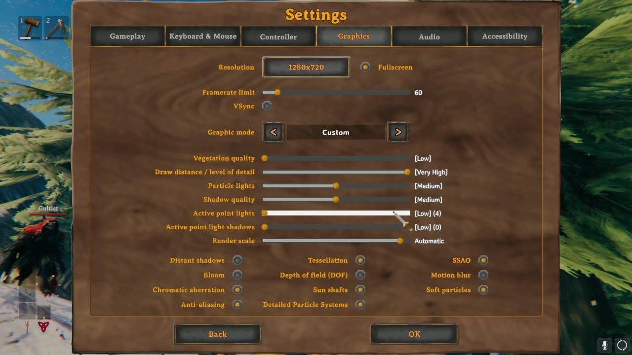 A graphical settings menu with various options like resolution, vegetational quality, and active point lights among others.