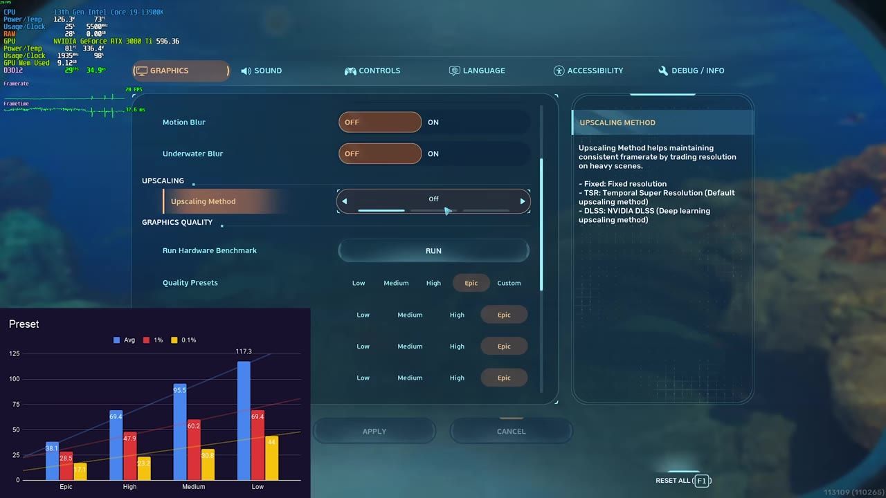 Game settings menu showing upscaling options including DLSS and TSR, with text descriptions.