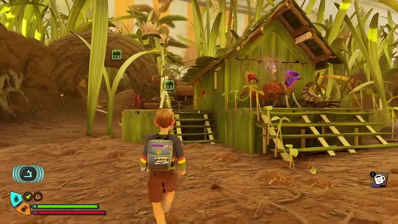 A small green hut surrounded by plants and a character approaching it.