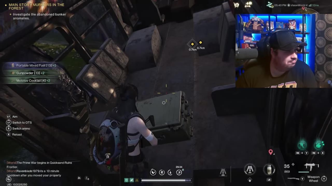 A character stands inside a dark bunker near a loot container while item pickup messages and the quest objective are shown on the HUD.