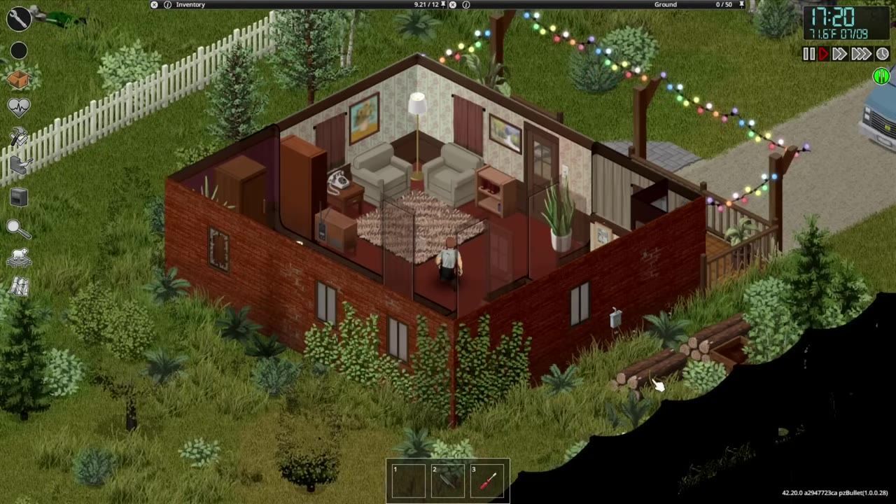 An image showing the exterior of a small house with logs piled outside for crafting and building purposes.