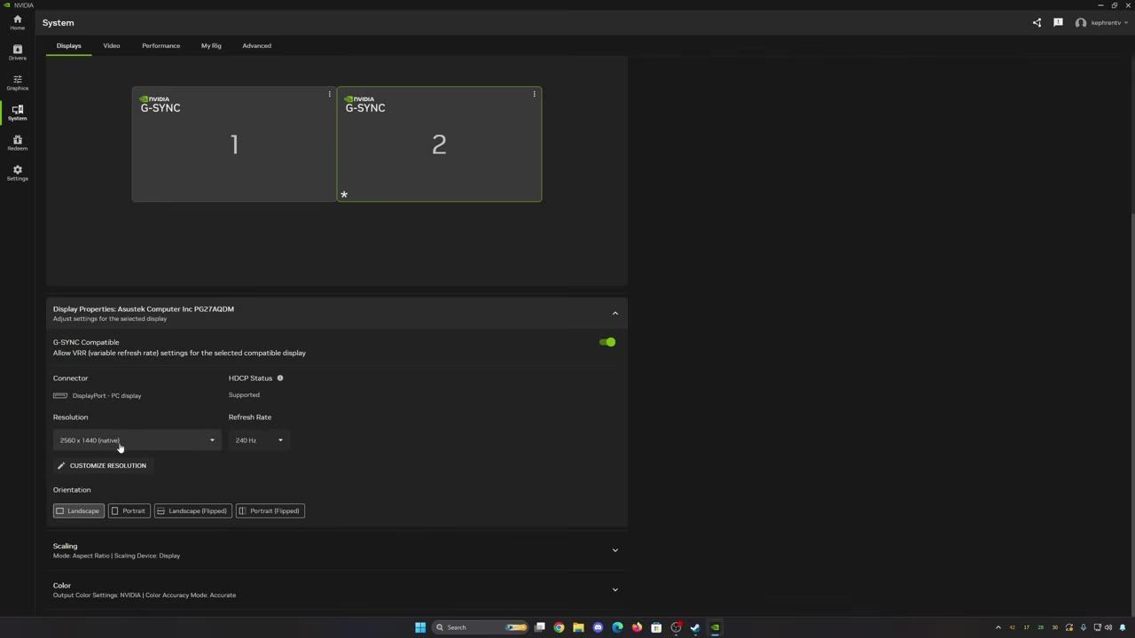 Monitor settings panel in Nvidia software showing display resolution and refresh rate options.