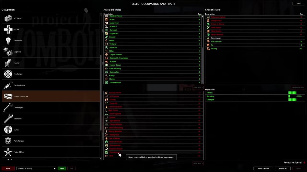 A character setup screen showing occupation options, available traits, and chosen traits, including weak stomach and slow reader.