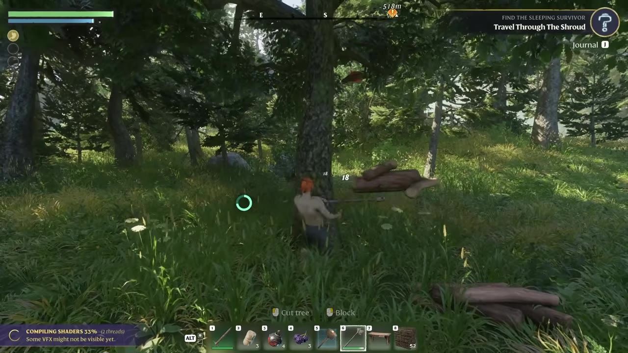 A character stands in a grassy forest and chops at a tree while the game HUD and quest objective are visible.