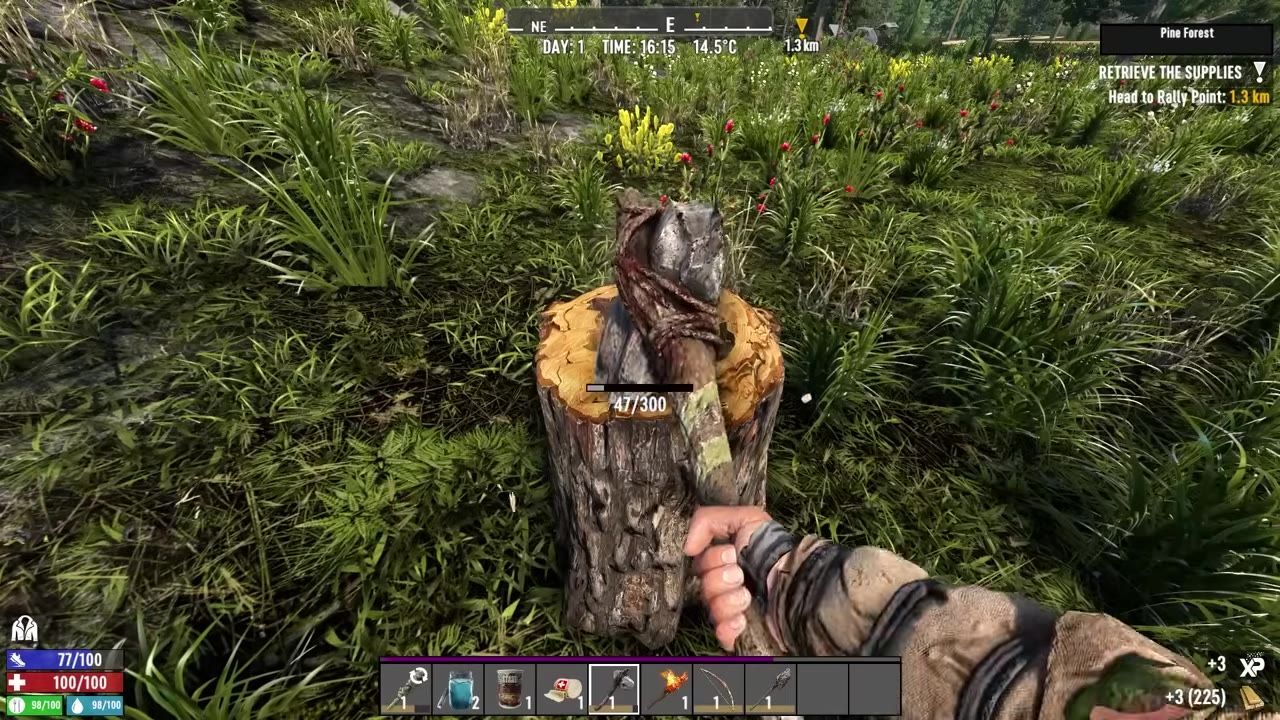 A person is chopping a tree stump in the wilderness using a tool.
