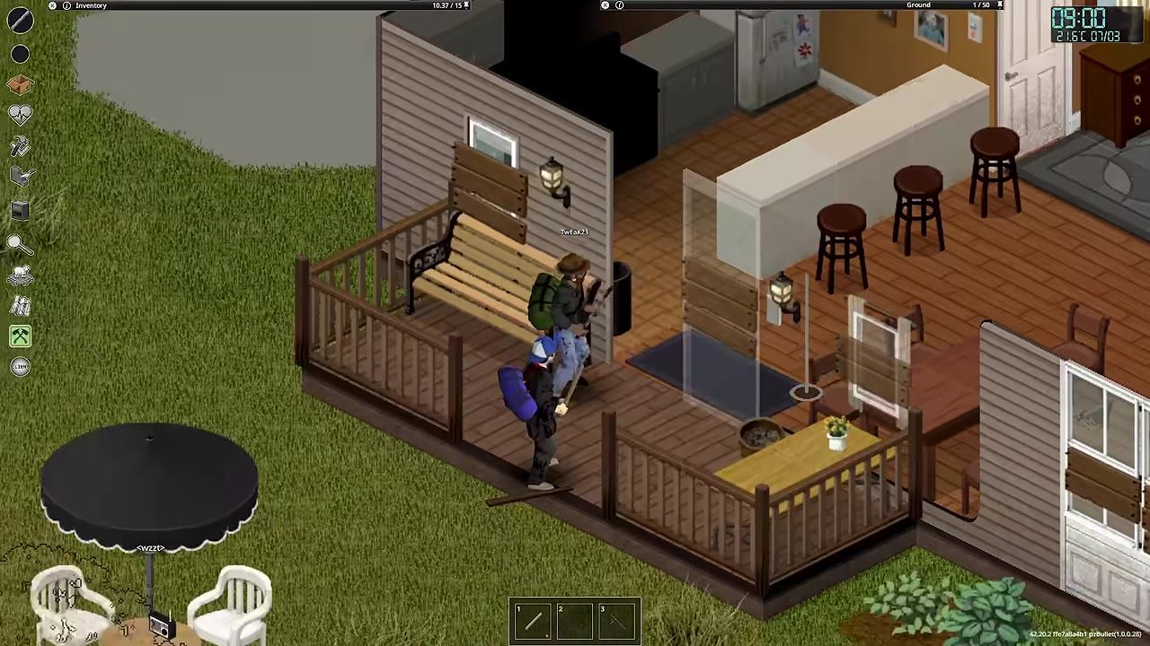 A top-down game view shows a partially barricaded house porch with wooden planks covering windows and a player standing on the deck near the entrance.
