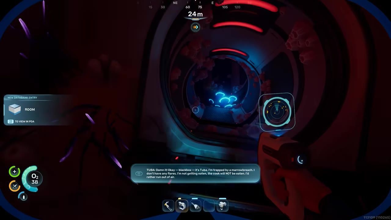 A view of a player scanning the room recipe in a submerged facility with various environmental details.