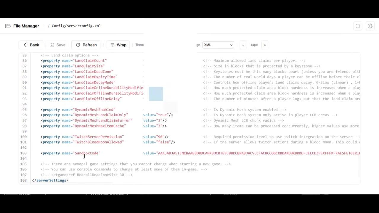 Editor showing server configuration file with sandbox code section highlighted.