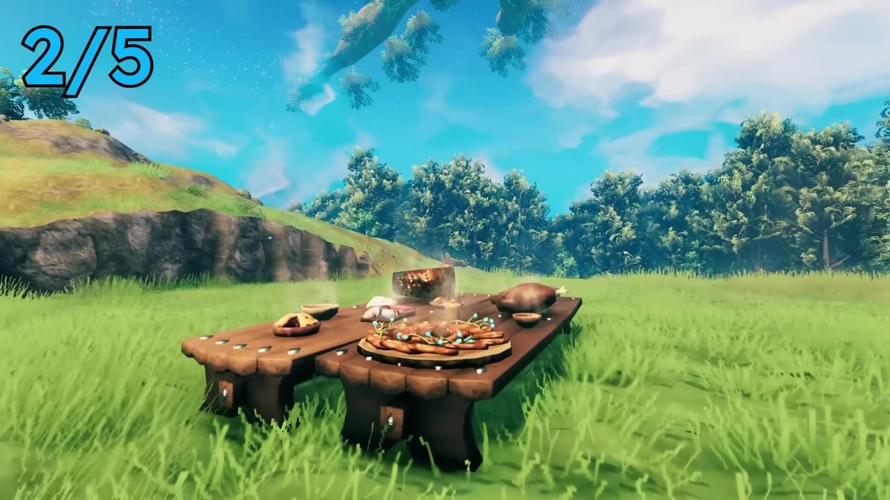 Outdoor crafting station with various items and station upgrades on a wooden table.
