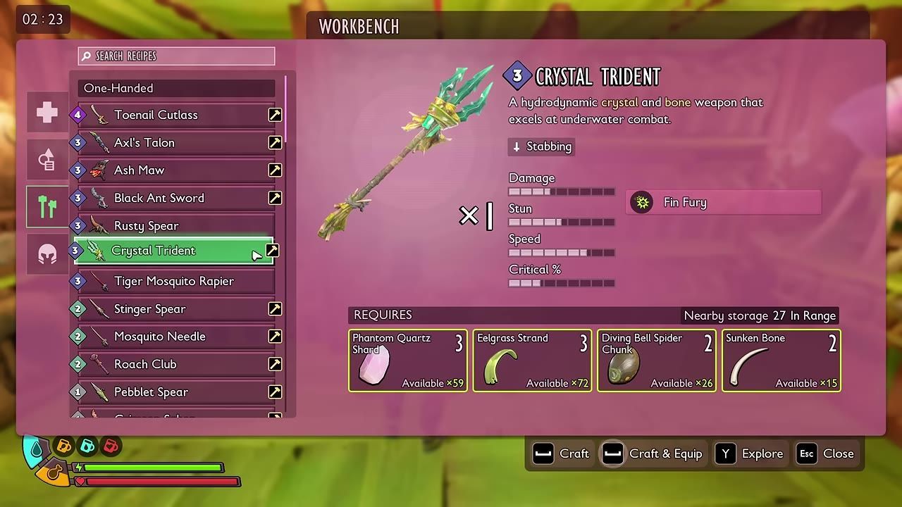 Game menu showing weapon crafting options and stats for the Crystal Trident.