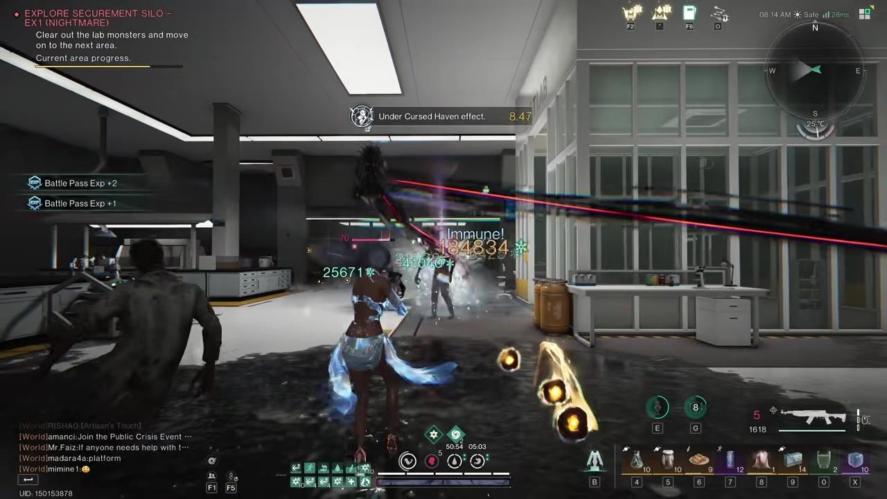 A player character in a lab environment dodging an incoming attack from an enemy with visible projectiles.