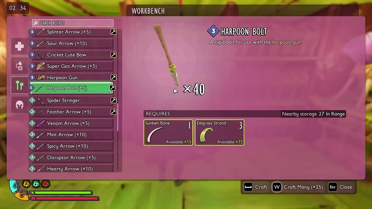 A workbench crafting menu is open with Harpoon Bolt selected, showing its recipe requirements and craft controls.