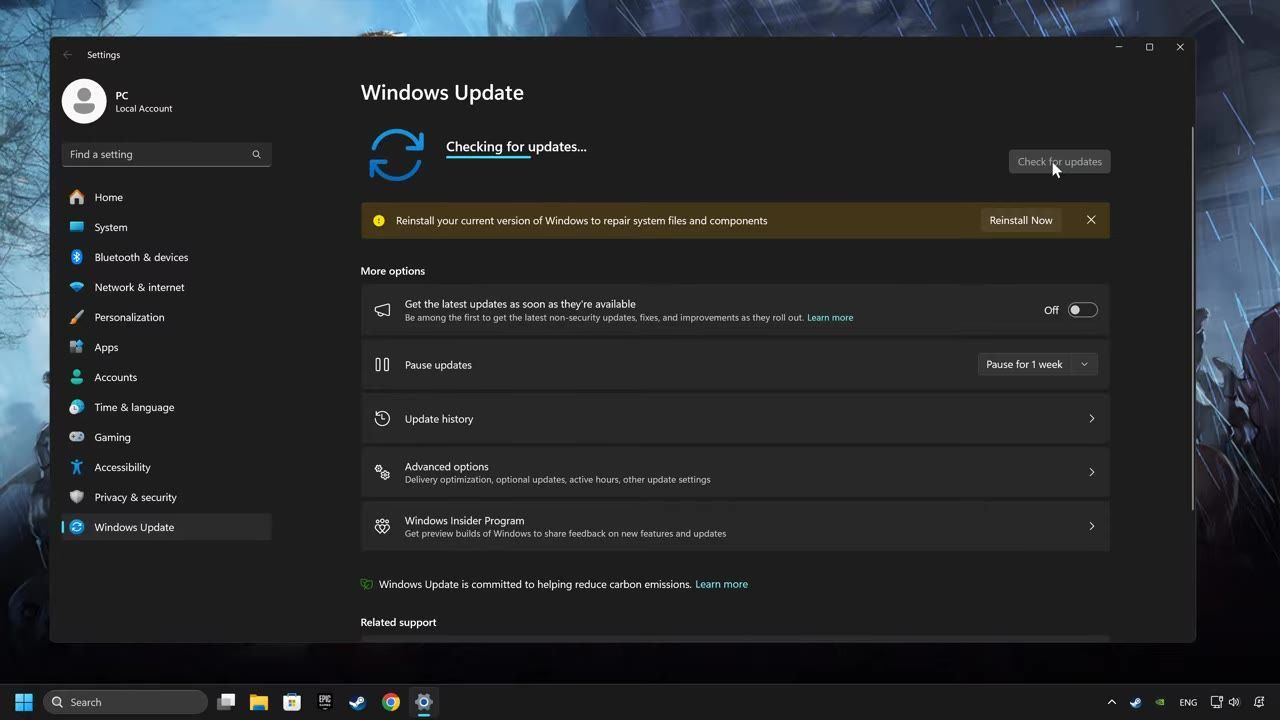 Windows Update settings showing update options and checking for updates.